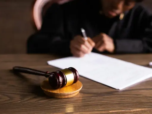 Un giudice scrive documenti legali, con un martelletto da giudice in primo piano. L'incanto significato della giustizia è palpabile.
