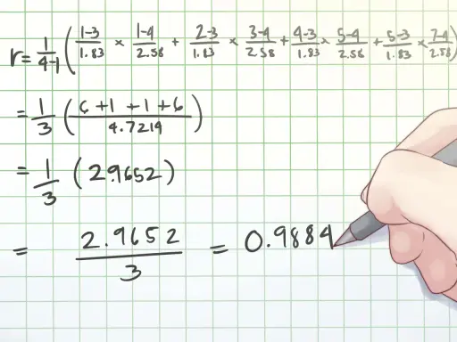 Esempio di calcolo coefficiente di correlazione con formule matematiche scritte su carta a quadretti.
