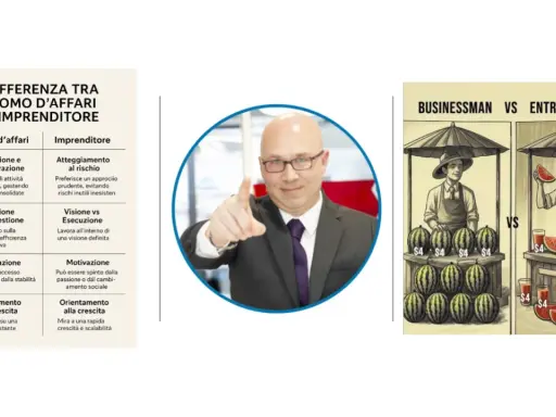 Confronto tra uomo d'affari e imprenditore: uno mostra un uomo d'affari che vende angurie, l'altro un imprenditore che le trasforma in succo, mostrando il vero imprenditore significato.