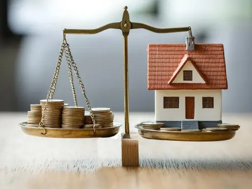 Bilancia con monete e casa in miniatura, un'immagine che evoca le decisioni economiche della banca centrale europea.