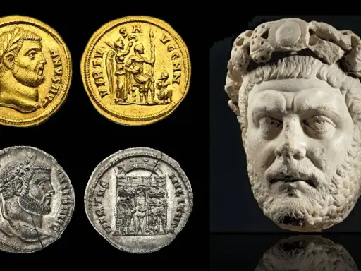 Monete d'oro e d'argento con ritratto di Diocleziano e busto in marmo. L'editto di Diocleziano, un'importante testimonianza storica.