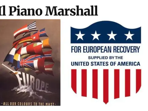 Il Piano Marshall: un veliero con bandiere europee simboleggia la ripresa. Le conseguenze positive del piano sono evidenti.