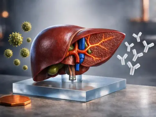 Fegato umano con virus e anticorpi. La presenza di anticorpi suggerisce un valore predittivo positivo per la risposta immunitaria.