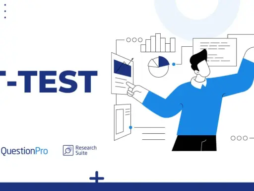 Illustrazione di un uomo che analizza dati e grafici, con il testo "T-TEST" in evidenza. La formula del t-test è implicita nell'analisi.