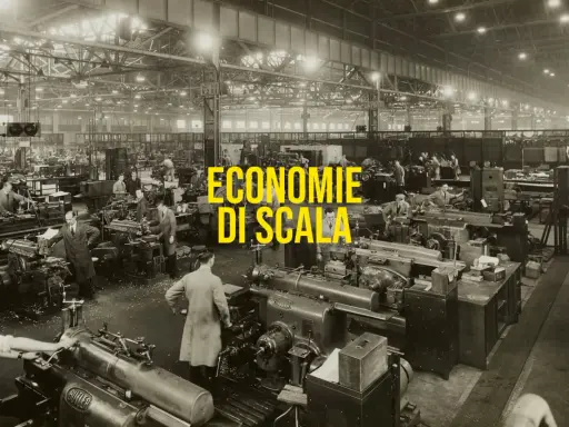 Operai in una grande fabbrica lavorano a macchine utensili, un esempio di economie di scala nella produzione industriale.