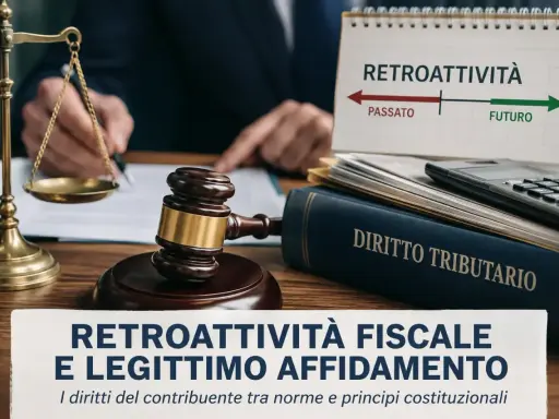 Bilancia della giustizia, martelletto, libro di Diritto Tributario e un calendario che illustra il **retroattiva significato** di passato e futuro.