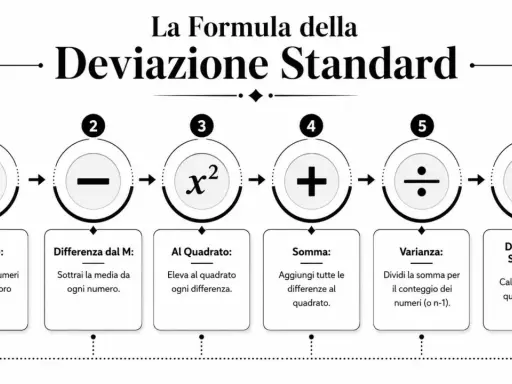 Schema illustra i 6 passaggi per calcolare la deviazione standard: media, differenze, al quadrato, somma, varianza e radice quadrata.