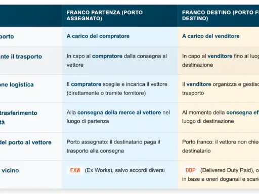 Tabella che spiega cosa significa porto franco: il venditore paga il trasporto e il rischio fino a destinazione.