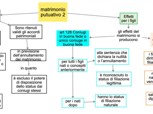 Diagramma sul matrimonio putativo: il suo significato e gli effetti sui figli, con distinzioni per buona fede e mala fede.