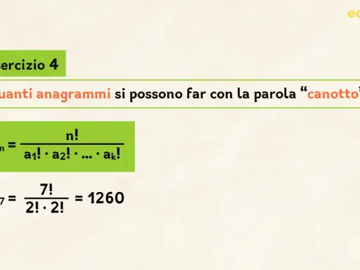 Esercizio 4: calcolo delle disposizioni senza ripetizione per la parola "canotto". Formula e soluzione mostrate.