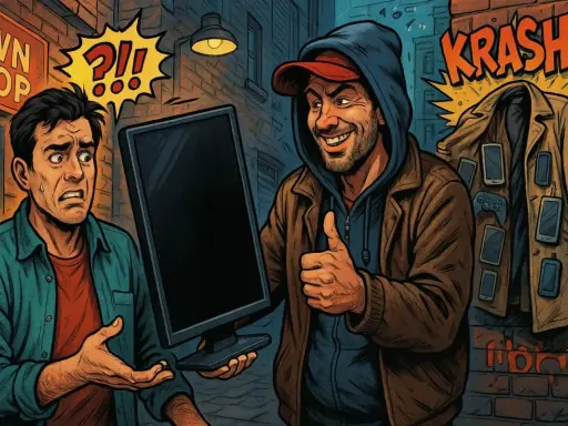 Un uomo con espressione preoccupata riceve un monitor da un venditore sorridente. Un incauto acquisto, con un cappotto pieno di telefoni appeso sullo sfondo.