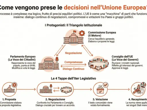 Schema del processo decisionale UE: Commissione, Parlamento e Consiglio negoziano per trovare un accordo. Segue votazione e recepimento.
