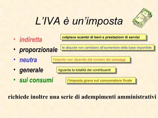 L'IVA è un'imposta indiretta, proporzionale, neutra, generale sui consumi. La sua definizione è chiara: grava sul consumatore finale.