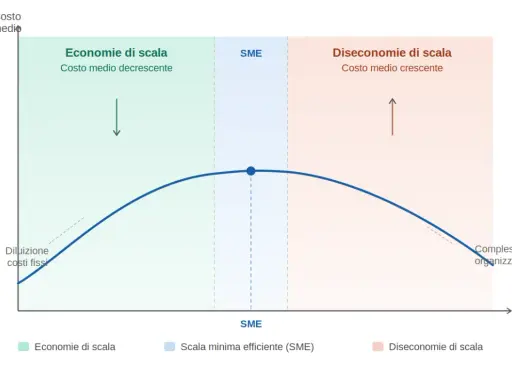 Grafico mostra costo medio decrescente (economie di scala) e poi crescente (diseconomie di scala) con l'aumentare del volume, evidenziando la scala minima efficiente (SME).