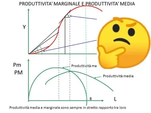 Grafici illustrano la legge dei rendimenti decrescenti, con produttività marginale e media in relazione. Un emoji pensieroso riflette sulla complessità.
