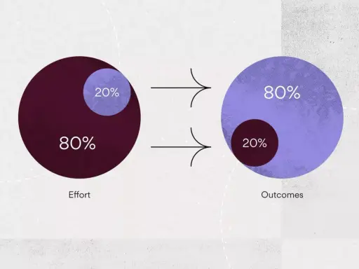 Illustrazione della distribuzione di Pareto: il 20% dello sforzo genera l'80% dei risultati, mentre il restante 80% dello sforzo produce solo il 20% dei risultati.