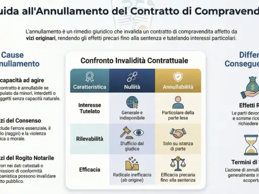 Guida all'annullamento del contratto di compravendita: cause, confronto tra nullità e annullabilità, e conseguenze legali. L'oggetto del contratto è centrale.