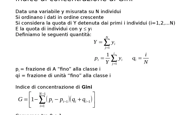 La formula dell'indice di Gini, che misura la disuguaglianza, è presentata con le sue definizioni e variabili.
