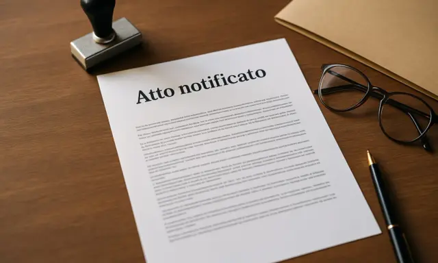 Un timbro, occhiali e una penna giacciono accanto a un documento intitolato "Atto notificato", pronto per essere firmato.