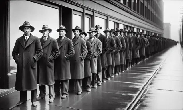 Uomini in fila, con cappelli e cappotti, in attesa di un nuovo accordo. Il loro sguardo è serio, riflette la speranza di un futuro migliore.