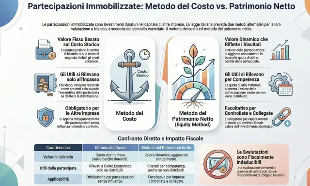 Confronto tra Metodo del Costo e Patrimonio Netto per le partecipazioni immobilizzate, con focus su come le imprese pubbliche gestiscono questi investimenti.