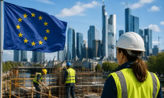 Costruzione di un futuro europeo: operai al lavoro sotto la bandiera UE, mentre la disoccupazione strutturale sfida la ripresa.