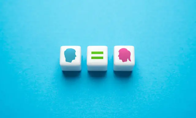 Tre cubi bianchi su sfondo blu. Uno mostra un profilo maschile blu, un altro un segno di uguale verde, e l'ultimo un profilo femminile rosa. Rappresentano l'equità significato.