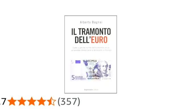 Copertina del libro "Il tramonto dell'euro" di Alberto Bagnai, con un primo piano di una banconota da 5 euro.