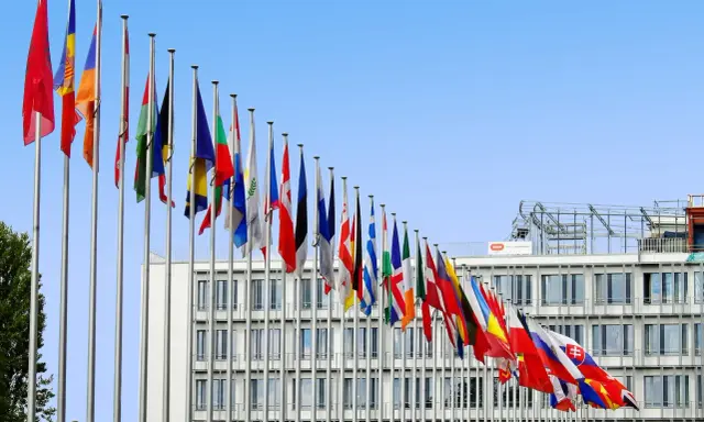 Molte bandiere di stati europei sventolano davanti a un edificio moderno, simbolo di cooperazione e politica internazionale.