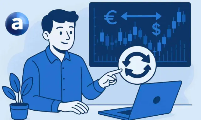 Uomo indica simbolo di scambio con frecce, spiegando cos'è un interest rate swap. Grafico finanziario con euro e dollaro sullo sfondo.