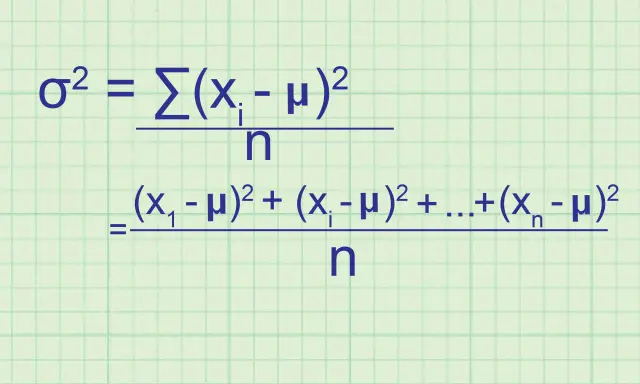 Formula per calcolare la varianza, una misura della devianza statistica, che quantifica la dispersione dei dati rispetto alla media.