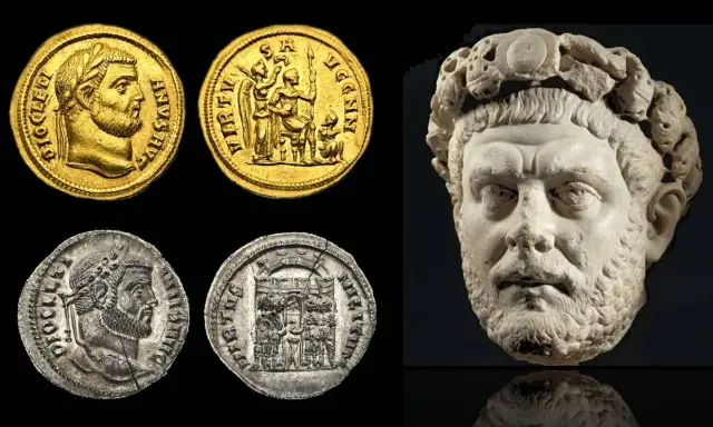 Monete d'oro e d'argento con ritratto di Diocleziano e busto in marmo. L'editto di Diocleziano, un'importante testimonianza storica.