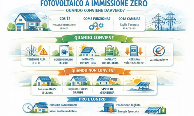 Infografica sul fotovoltaico a emissioni zero: quando conviene, come funziona, costi e benefici. Utile per valutare un forward rate agreement.