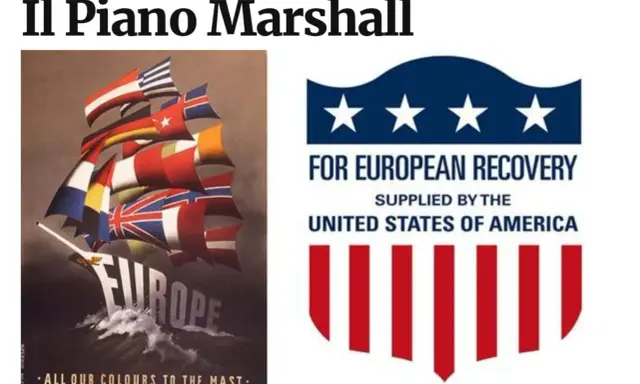 Il Piano Marshall: un veliero con bandiere europee simboleggia la ripresa. Le conseguenze positive del piano sono evidenti.