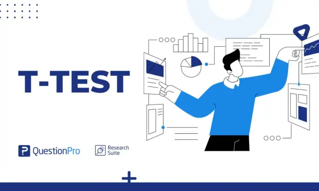Illustrazione di un uomo che analizza dati e grafici, con il testo "T-TEST" in evidenza. La formula del t-test è implicita nell'analisi.