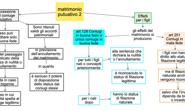 Diagramma sul matrimonio putativo: il suo significato e gli effetti sui figli, con distinzioni per buona fede e mala fede.
