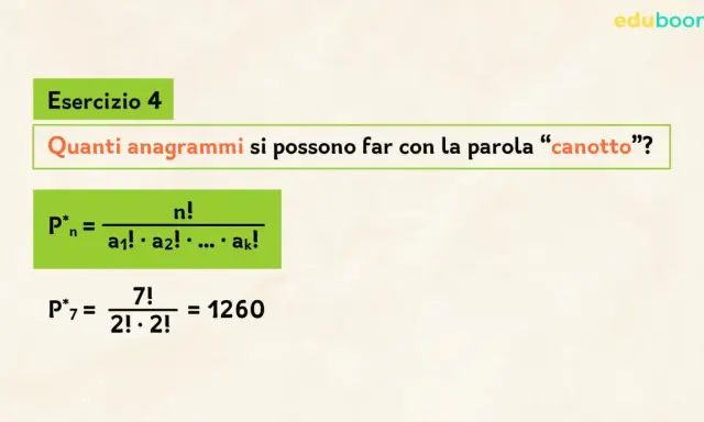 Esercizio 4: calcolo delle disposizioni senza ripetizione per la parola "canotto". Formula e soluzione mostrate.