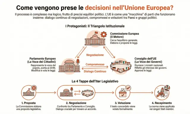 Schema del processo decisionale UE: Commissione, Parlamento e Consiglio negoziano per trovare un accordo. Segue votazione e recepimento.