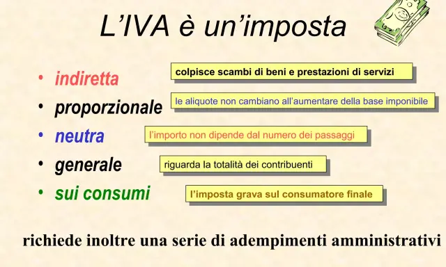 L'IVA è un'imposta indiretta, proporzionale, neutra, generale sui consumi. La sua definizione è chiara: grava sul consumatore finale.