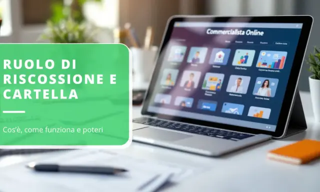 Schermo di un laptop con interfaccia "Commercialista Online" e testo sovrapposto "Ruolo di riscossione e cartella: cos'è, come funziona e poteri".