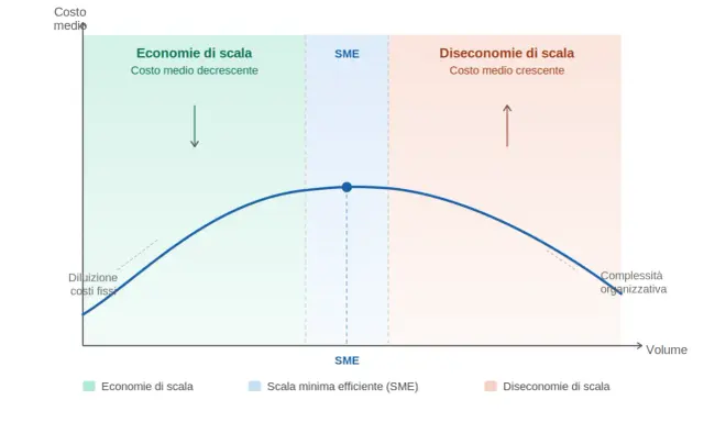 Grafico mostra costo medio decrescente (economie di scala) e poi crescente (diseconomie di scala) con l'aumentare del volume, evidenziando la scala minima efficiente (SME).