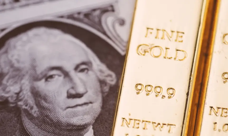 Lingotto d'oro accanto a un dollaro, evocando il gold standard significato.
