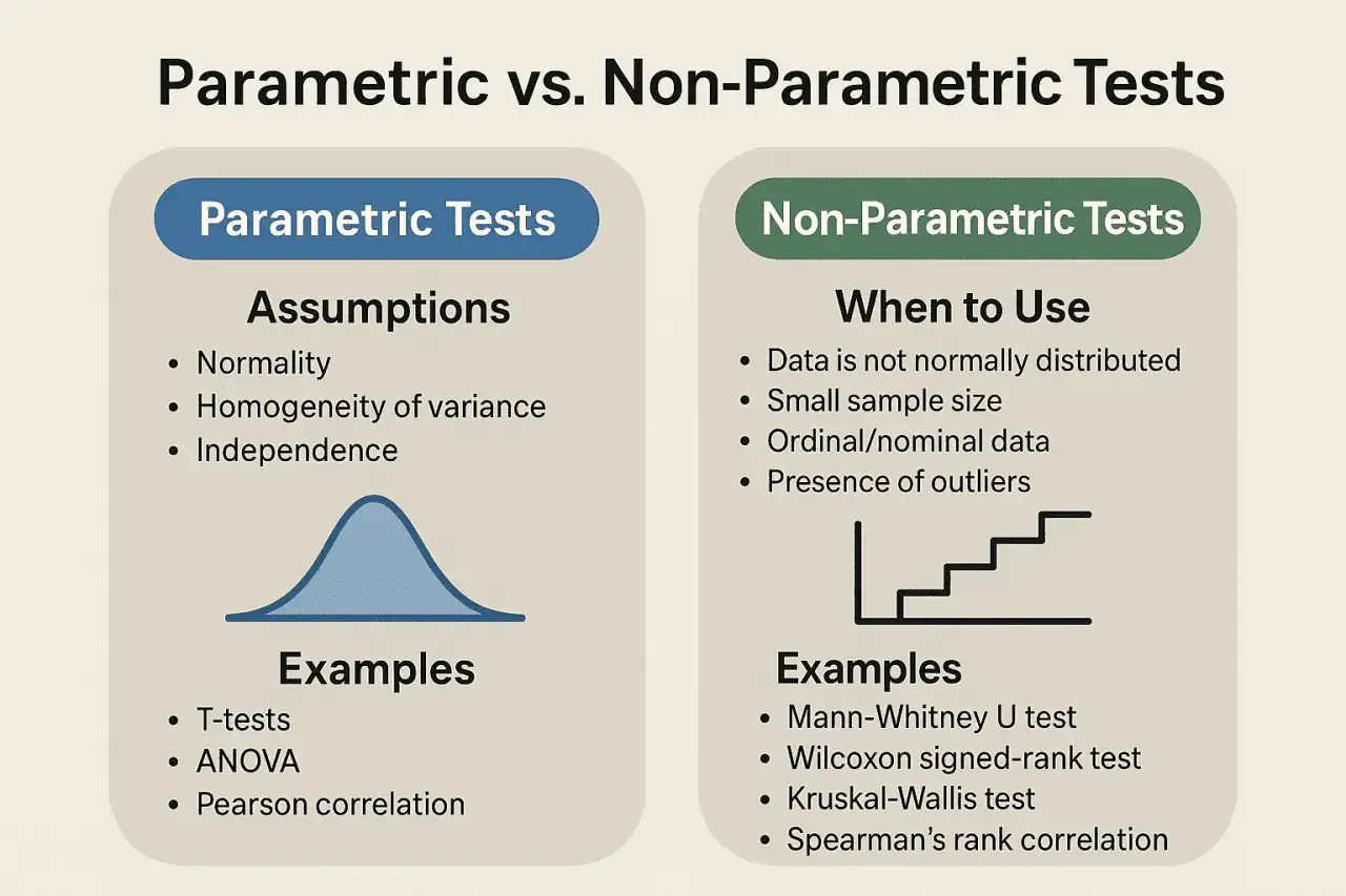 Confronto tra test parametrici e non parametrici. Il test non parametrico è utile quando i dati non sono distribuiti normalmente o la dimensione del campione è piccola.