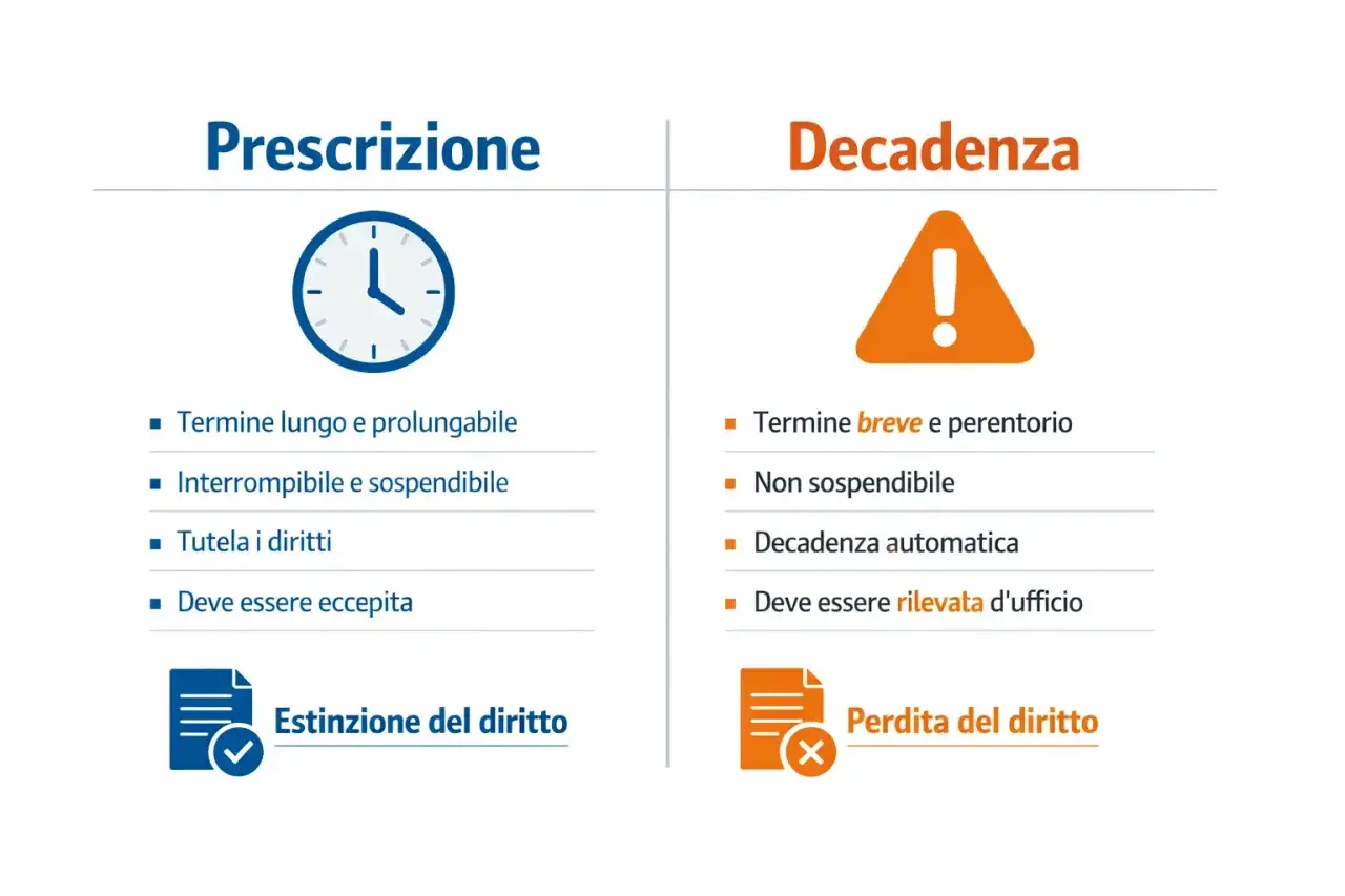 Confronto tra prescrizione e decadenza. La decadenza ha un termine breve e perentorio, non sospendibile, con perdita del diritto.