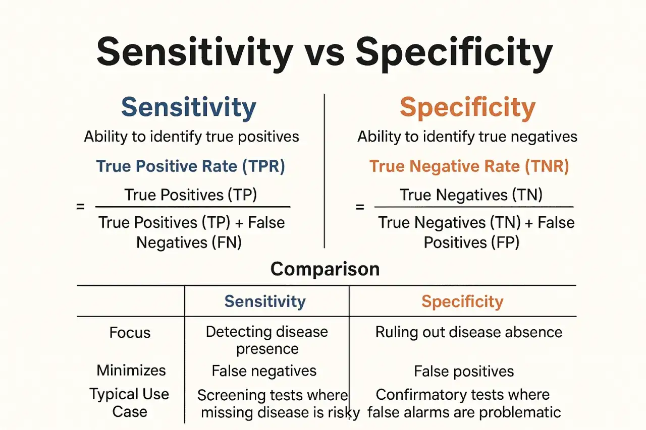 Confronto tra sensibilit&agrave; e specificit&agrave; di un test: la sensibilit&agrave; rileva i veri positivi, la specificit&agrave; i veri negativi.