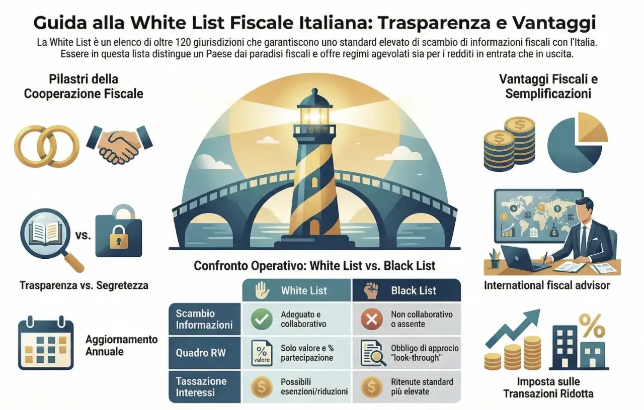 Guida alla White List Fiscale Italiana: trasparenza e vantaggi. Distingue Paesi dai paradisi fiscali, offrendo regimi agevolati.