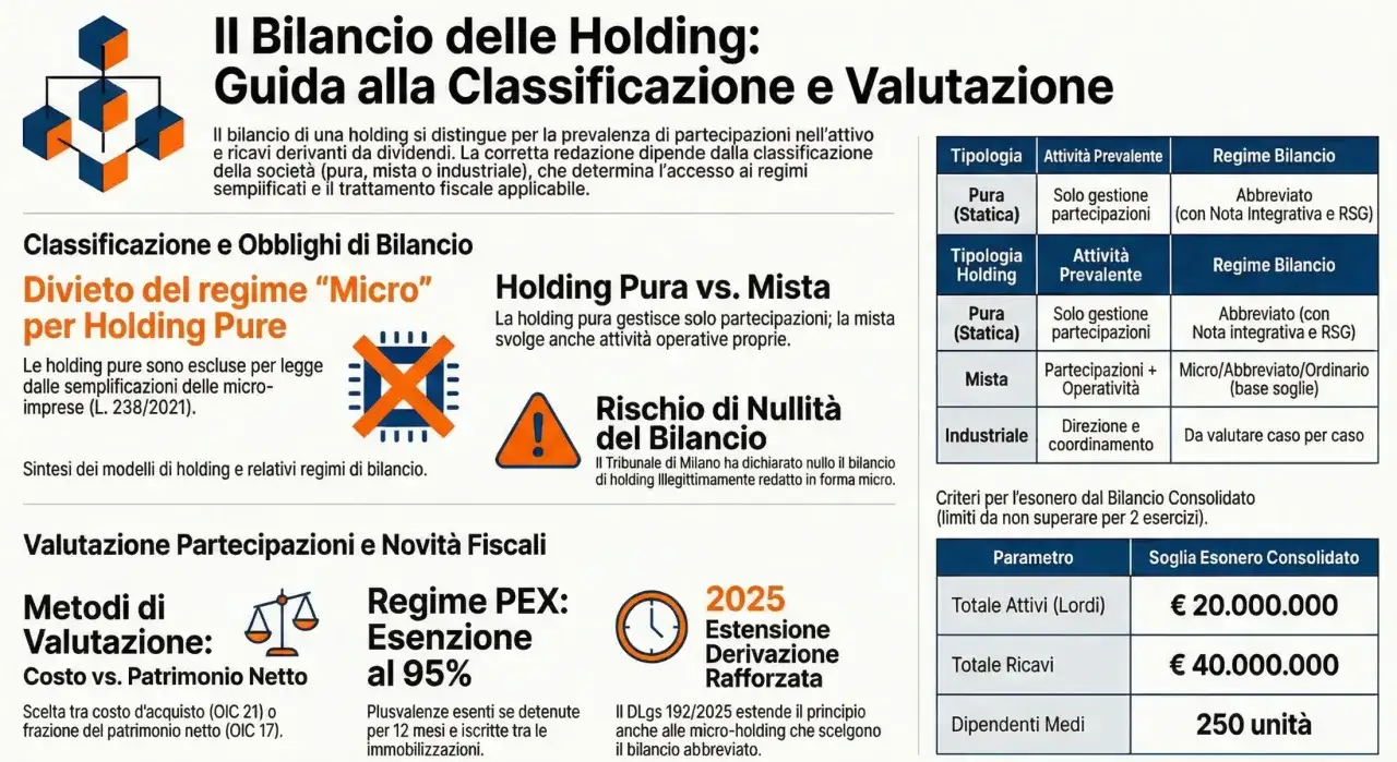 Schema che illustra il consolidamento significato del bilancio per holding, con tabelle e icone che spiegano le classificazioni e i regimi fiscali.