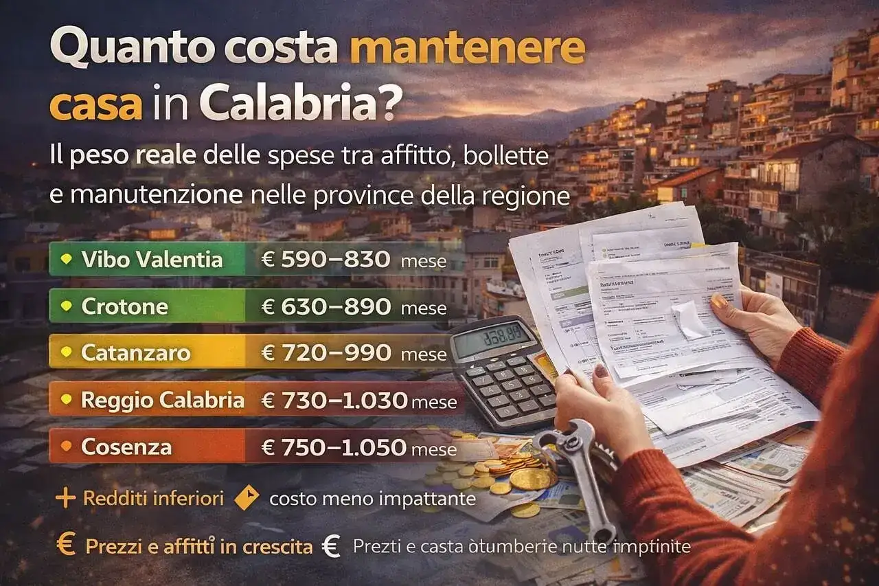 Spese mensili per casa in Calabria: Vibo Valentia €590-830, Crotone €630-890, Catanzaro €720-990, Reggio Calabria €730-1.030, Cosenza €750-1.050. Gli oneri accessori significano costi aggiuntivi.