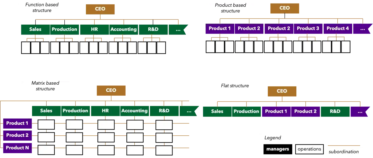 Organigrammi che illustrano diverse strutture aziendali, utili per capire il significato di multinazionale e come si organizza.