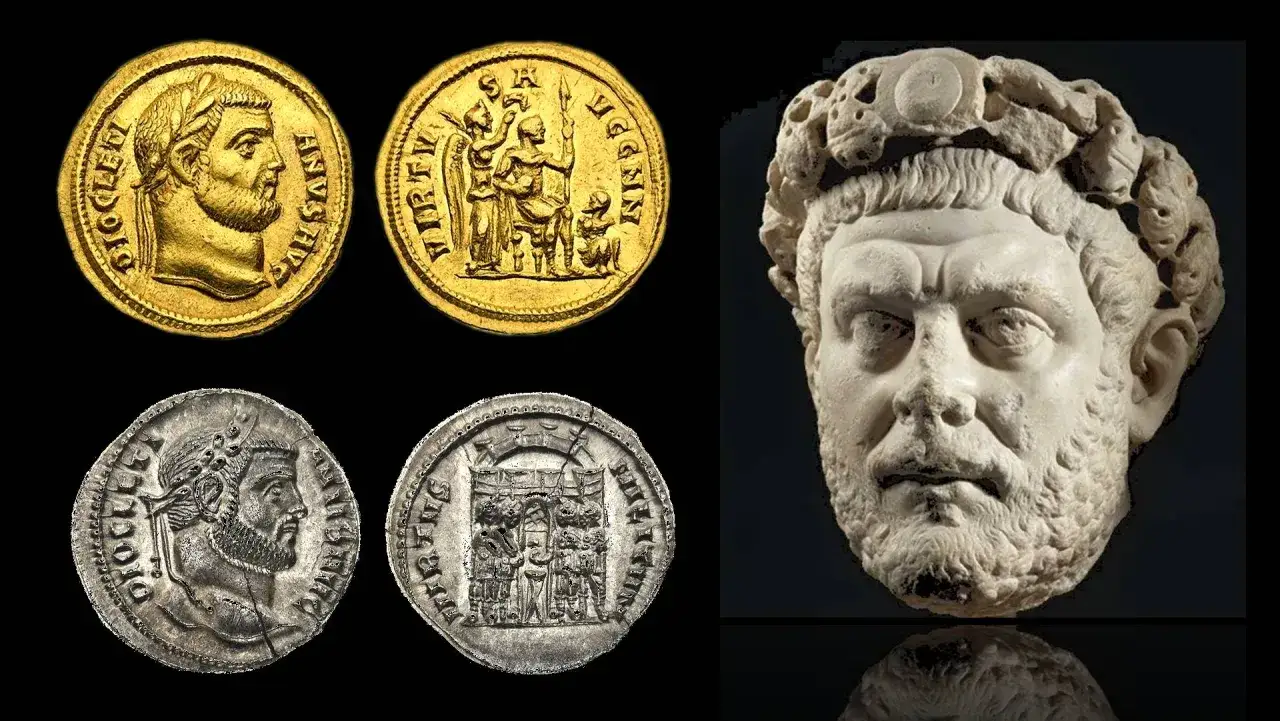 Monete d'oro e d'argento con ritratto di Diocleziano e busto in marmo. L'editto di Diocleziano &egrave; ricordato.